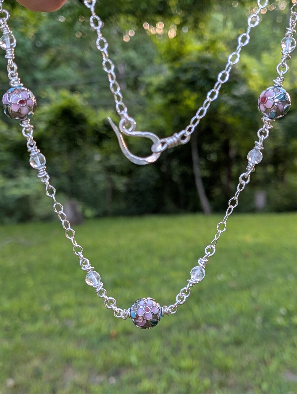Sterling Silver Flower Necklace - Vintage Cloisonne Beads - Topaz Gems - Picture 3 of 14
